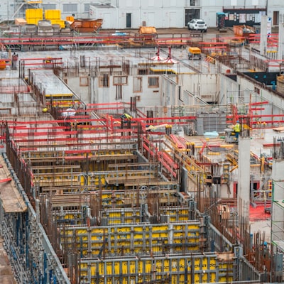 Concrete formwork and rebar reinforcement before a foundation pour
