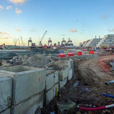 Wide view of a construction site with precast concrete blocks