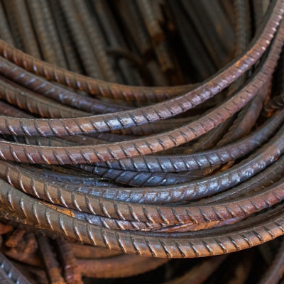 Close-up of steel rebar reinforcement used in concrete construction